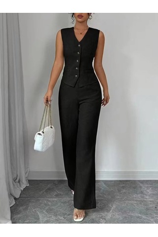 Defymoda Kadın Askılı Önden Düğmeli Bluz Ve Pantolon Keten Ikili Takım Siyah