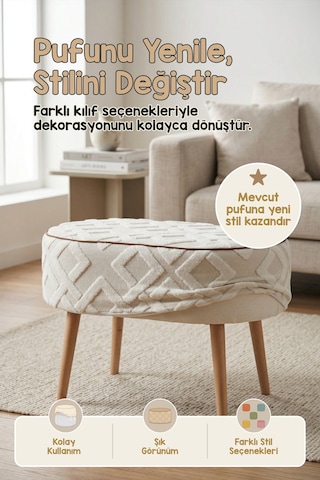 Yıkanabilir Puf Tabure Kılıfı Tak-Çıkar-Değiştir-Yenile Orta Sehpa Kılıfı 59x37x17 Mila Ekru