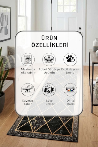 Ehl-62 Dijital Baskılı Kaymaz Yıkanabilir Yolluk Siyah