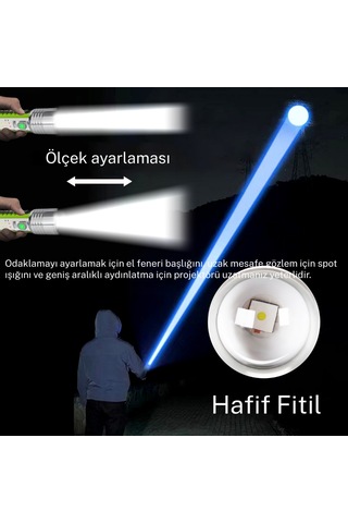 Gold Orion Or-520a Zoomlu Şarjlı El Feneri 50w Zoom Gücü 8 Mod Manyetik Tip-c Şarj Yeşil