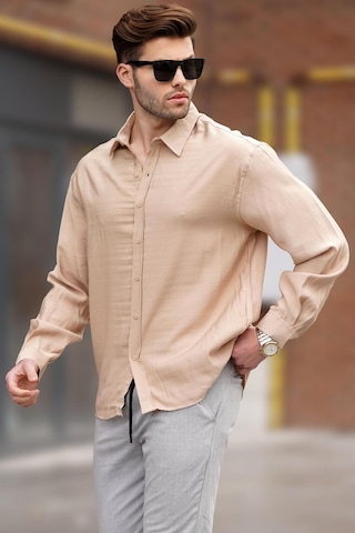 Madmext Bej Uzun Kollu Oversize Erkek Gömlek 6733 Bej