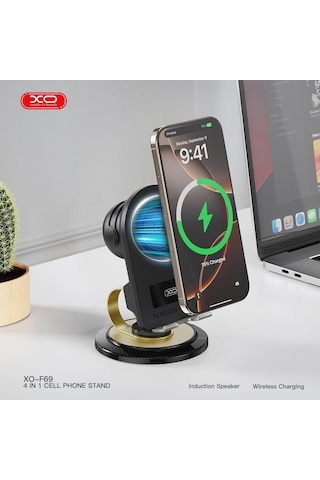 F69 4'ü 1 Arada Masaüstü Cep Telefonu Standı - Bluetooth Hoparlör Ve Kablosuz Şarj Bir Arada