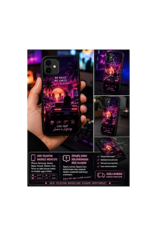 Retro Gün Batımı Araba Temalı Telefon Kılıfı Neon Şehir Tasarım Baskılı Silikon Kılıf Darbeye Dayanıklı Tüm Telefon Modellerine Uyumlu Mavi