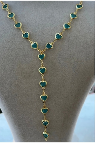 Kadın Gold Renk Zirkon Taşlı Özel Tasarım Y Model Kolye Mavi