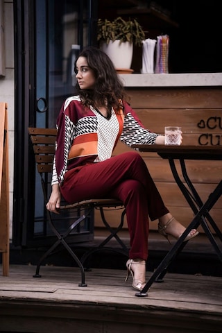 Kadın Geometrik Desenli Blok Renkli Bluz Frn1103 Kırmızı