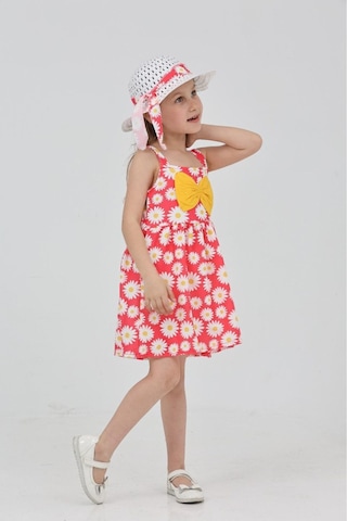 Papatya Baskılı Askılı Şapkalı Elbise Fuşya