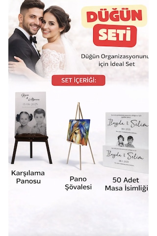 Düğün Seti - Çocukluk Karşılama Panosu - Masa İsimliği - Şövale 3'lü Paket Beyaz
