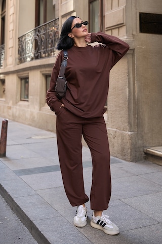 Mezka Regular Fit 2'li Takım Sweatshirt Beli Lastikli Jogger Eşofman Altı Kahverengi