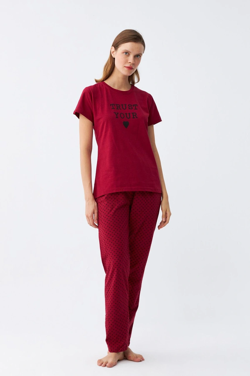 Akbeniz Kadın Bordo Kalp Desenli Kısa Kollu Penye Pijama Takımı Bordo