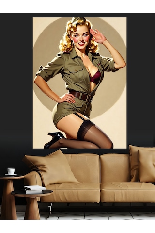 Askeri Üniformalı Seksi Pin-up Dekoratif Kanvas - Mdf Ahşap Tablo