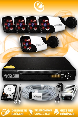 Elitcam 5 Kameralı Panda 5 Dış Kamera Set 1 TB HDD Full HD Gece Görüşlü Güvenlik Kamerası Sistemi