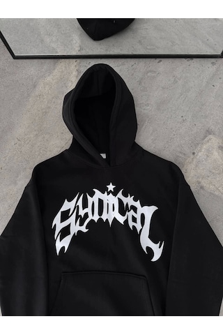 Etiler Collection Üç İplik Kapşonlu Baskılı Oversize Sweatshirt- Siyah