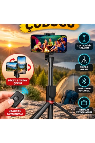 Uzatılabilir Tripodlu Selfie Çubuğu Dikey Ve Yatay Çekim, Uzaktan Kumandalı