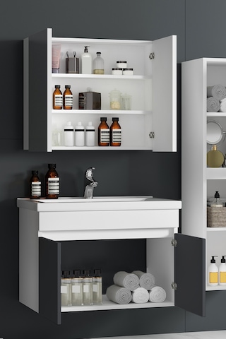 Çiğdem 80+35 Cm Beyaz-füme Balon Mdf Seramik Lavabolu Sepetli Asma Banyo Dolabı Takımı Beyaz - Füme