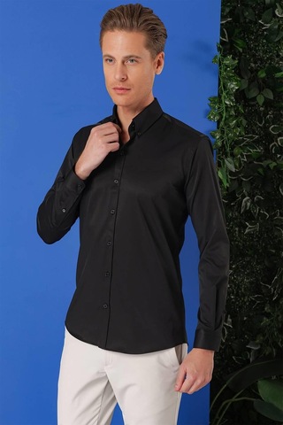 Efor Slim Fit Düğmeli Yaka Uzun Kol Pamuklu Klasik Siyah Gömlek Gk 716 Siyah