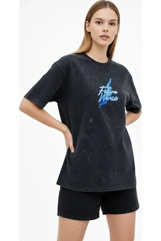 Butik İstanbul Asit Yıkamalı Oversize Tişört Future Worlds Baskılı Bisiklet Yaka Kısa Kollu Streetwear %100 Pamuk Street Style T-shirt - Siyah
