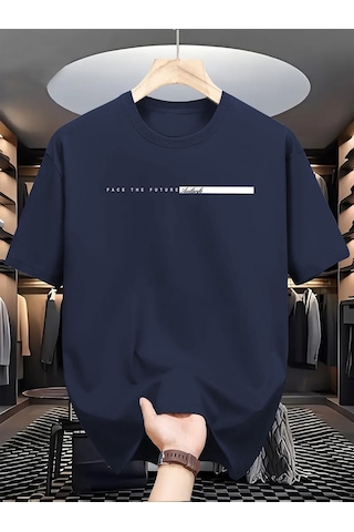 Unisex Face The Future Baskılı Oversize Tshirt Lacivert