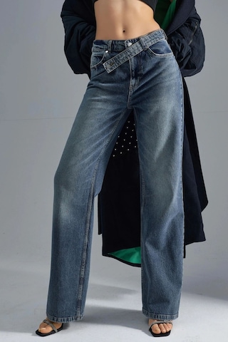 Hiccup Squalo Yüksek Bel Geniş Paçalı Kot Pantolon Orta Mavi Denim