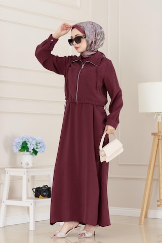 Sevitli Cep Detaylı Cepkenli Ela Elbise-bordo-5078