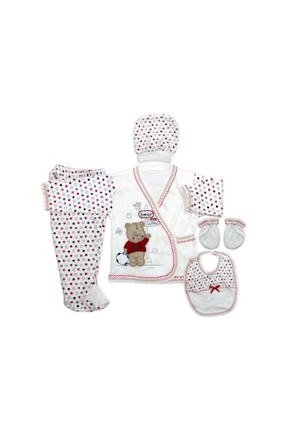 Bombinoo Kırmızı Kırmızı Puanlı Şapkalı Ayıcıklı Yenidoğan Bebek 5 Li Hastane Çıkışı Seti K2273 Kırmızı