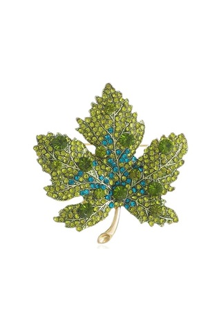 Kadınlar İçin Premium Akçaağaç Yaprağı Broşu Yapay Elmas Kristal Yeşil