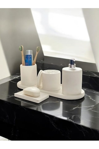 Mermer Desen Kırık Beyaz Beton Banyo Aksesuar Seti,tepsi,katı Ve Sıvı Sabunluk,pamukluk Beyaz