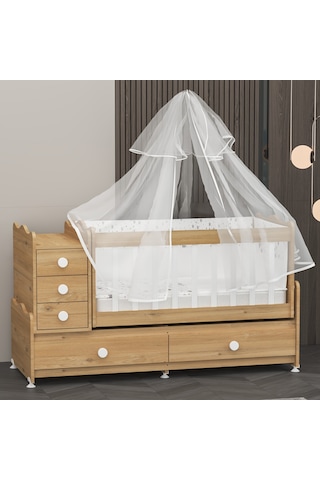 Garaj Home Melina Mdf Çıtalı Beşik + Yatak + Uyku Seti - Meşe Beyaz