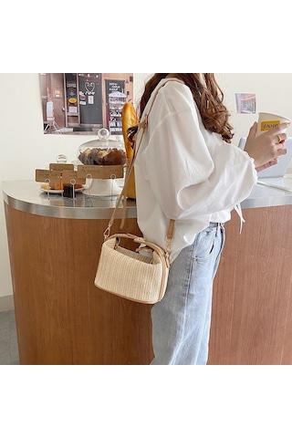 Didadodo Hasır Dokuma Kadın El Çantası, Bej, Casual Model Bej