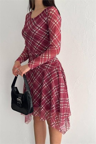 Dipmoda Kadın Mini Boy Desenli Asimetrik Tül Elbise Dpk4162 Bordo