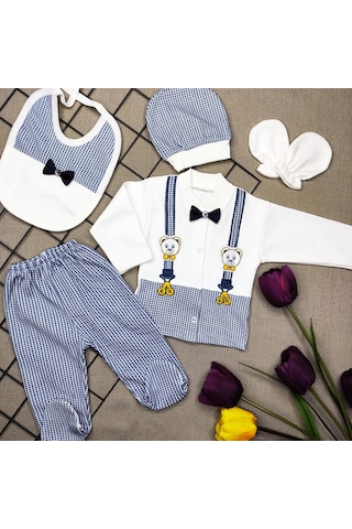 Papyonlu Ayıcıklı 5 Parça Lüks Erkek Askı Detaylı Hastane Çıkışı Zıbın Set