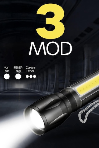 3 Mod Metal Şarjlı El Feneri Zoomlu Mini Boy Type-c Kutulu Cob Led Lamba Acil Durum Işığı 47701 Siyah