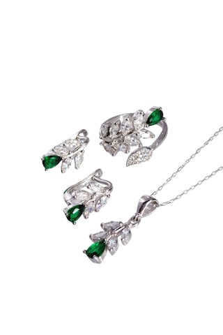 925 Ayar Gümüş Garnet Yeşil Yaprak Tasarım Kolye Küpe Yüzük Kadın Set Gümüş