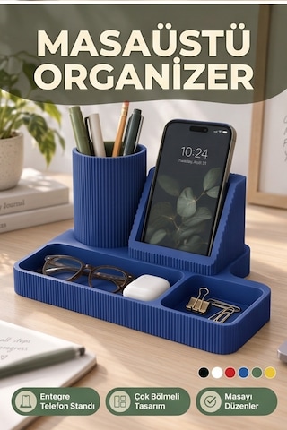 Masaüstü Organizer Telefon Standı Kalemlik Çok Amaçlı Masa Düzenleyici Mavi