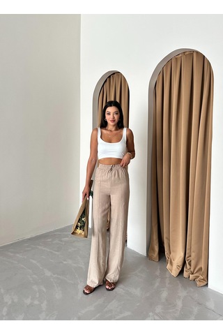 Vizon %100 Keten Palazzo Pantolon Vizon