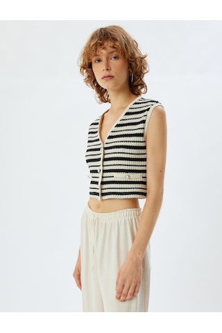 Koton Crop Triko Hırka Kolsuz V Yaka Renk Bloklu İnci Düğmeli Cep Detaylı Slim Fit Siyah Çizgili 5wal90030ık Siyah