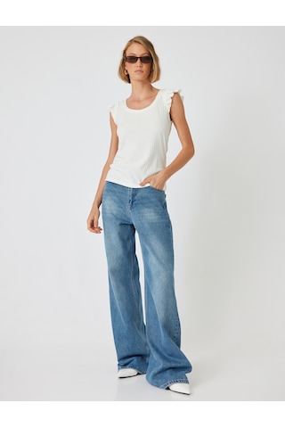 Koton Fırfırlı Karpuz Kol Tişört Yuvarlak Yaka Ribanalı Slim Fit Beyaz 5wak10179ek Beyaz