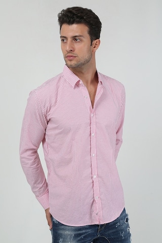 Erkek Kalın Dik Çizgili Uzun Kollu Slim Fit Gömlek 21y-4300599 Kırmızı Kırmızı