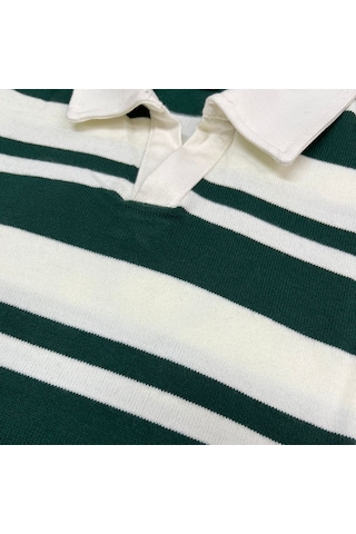 Fazra Erkek Polo Yaka Çizgili Triko Kazak 20251 Koyu Yeşil