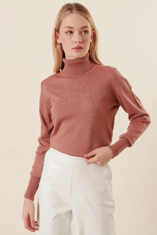 Onno Style Women Düz Balıkcı Yaka Basic Kazak Somon