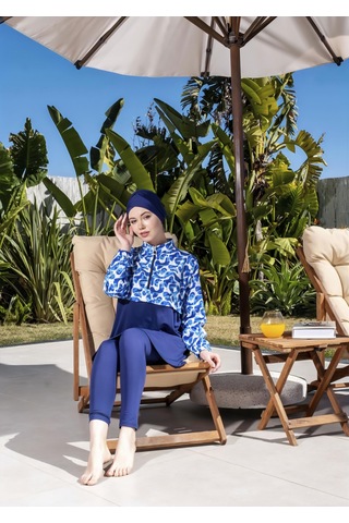 Mayom Tam Kapalı Crop Model Mavi Desenli Tesettür Mayo - 2525 Lacivert-mavi