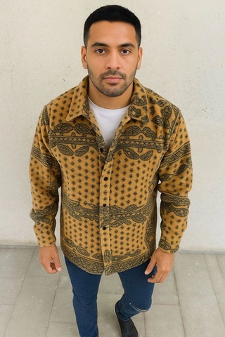 Mbb E-ticaret Erkek Düğmeli Gömlek Polar Sweatshirt Yumuşak Dokulu Oversize Kalıp -sarı