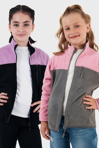 Lela Yumuşak Dokulu Fermuarlı Renk Bloklu Dik Yaka Cepli 2'Li Paket Hırka Çocuk Polar 5905001S2 Lila Siyah-Şeker Pembe Gri
