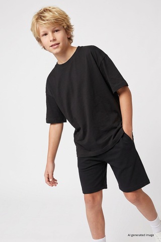 TOMMYLIFE Siyah Oversize Fit Basic Erkek Çocuk Şort Takım - 11335