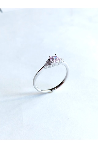 Gümüş Özel Pembe Tek Taş Çiçek Tasarım Kadın Yüzük