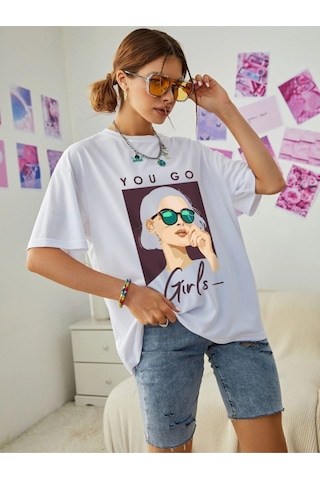 Kadın Beyaz Oversize You Go Baskılı T-shirt Beyaz-67199