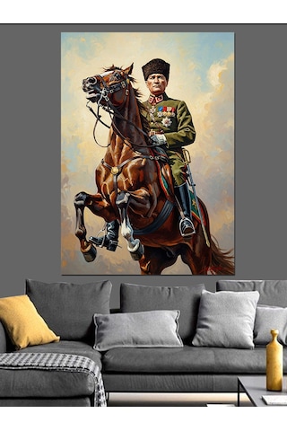 Kahverengi Atla Mustafa Kemal Atatürk Dekoratif Kanvas - Mdf Ahşap Tablo