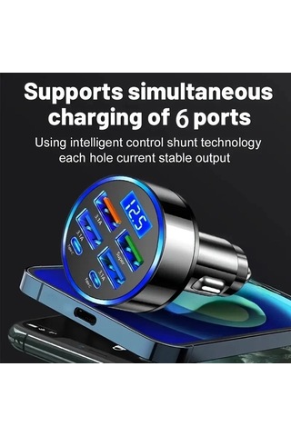 6 Portlu Hızlı Araç Şarj Cihazı 4 Usb + 2 Type-c Çıkışlı Dijital Göstergeli Oto Şarjı Standart