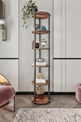 Dekoratif Masivo Kitaplık 6 Katlı 34 Çap Yuvarlak Çok Amaçlı Raf Ceviz