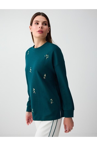 Jimmy Key Jimmy Key Koyu Yeşil Bol Kesim Uzun Kollu Desenli Sweatshirt 6sw237193320