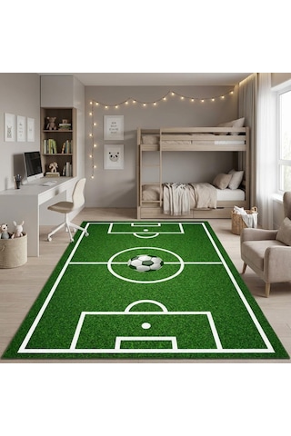 Futbol Sahası Desenli Çocuk Odası Halısı Kaymaz Tabanlı Yıkanabilir Dijital Baskı Halı Yeşil